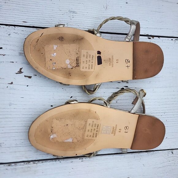 Stuart Weitzman Women's Platino Gold Twistie Leather Slingback Sandals 8.5 EU 39 - Picture 7 of 7